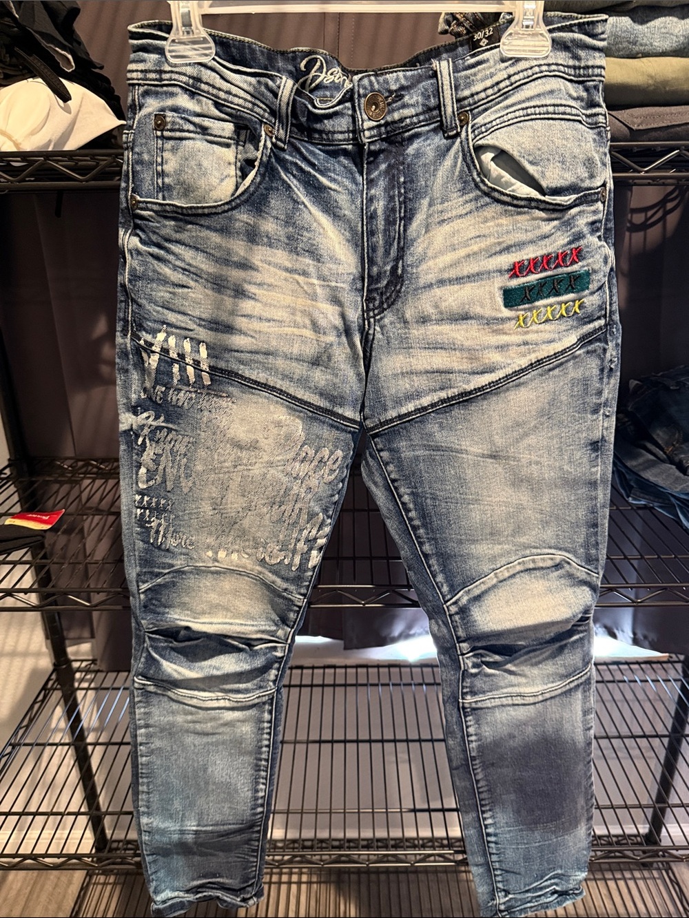 Men's Skinny Washed Blue Jeans with Embroidered Detail